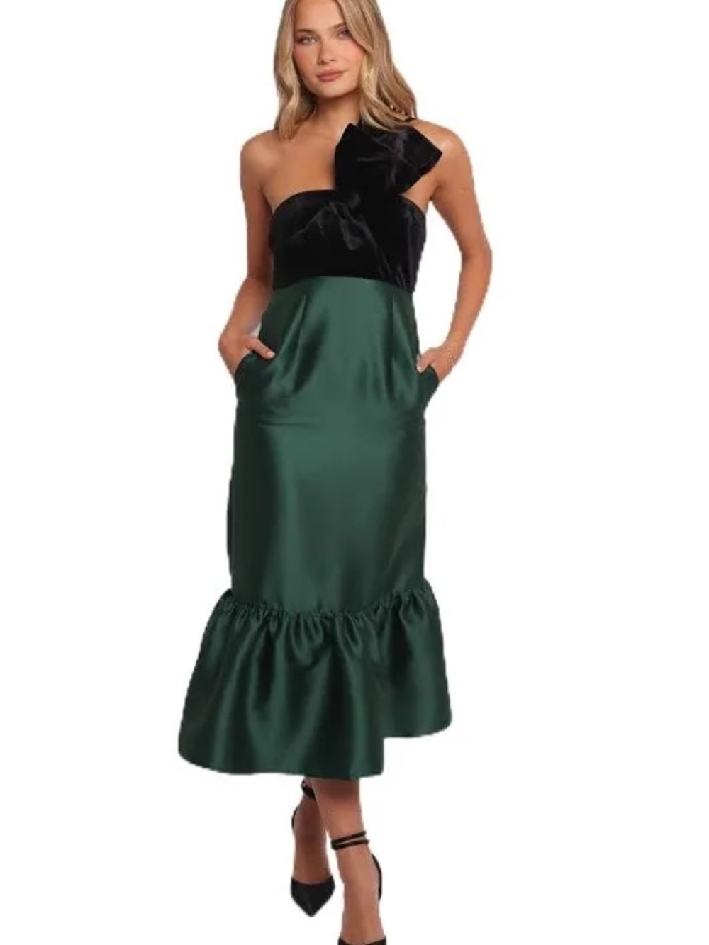 Petal and Pup One-Shoulder Green Satin Midi Dress with Black Velvet Bow